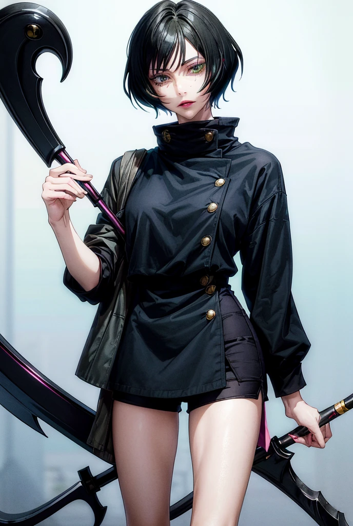 A girl with long, messy, shiny black hair with blue streaks, fringe, magical and bright green eyes,freckles on the nose, pink cheeks, Red lips.  short and waist-length shorts uniform, loose white shirt tucked into shorts and short jacket, black knee-high stockings, holding a scythe 