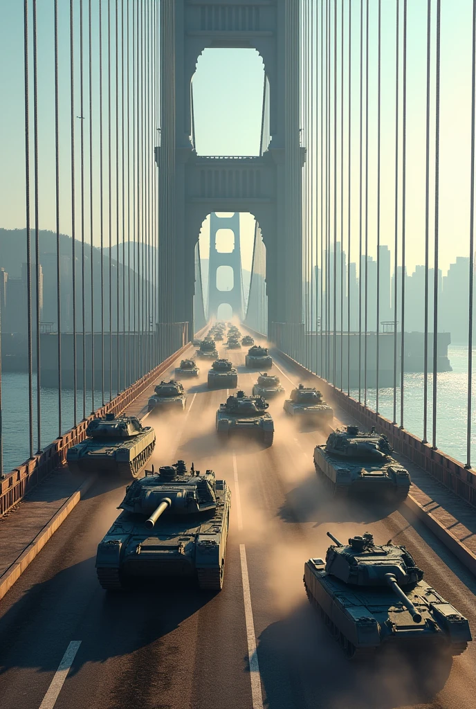 Tanks drive in the city, a lot of soldiers