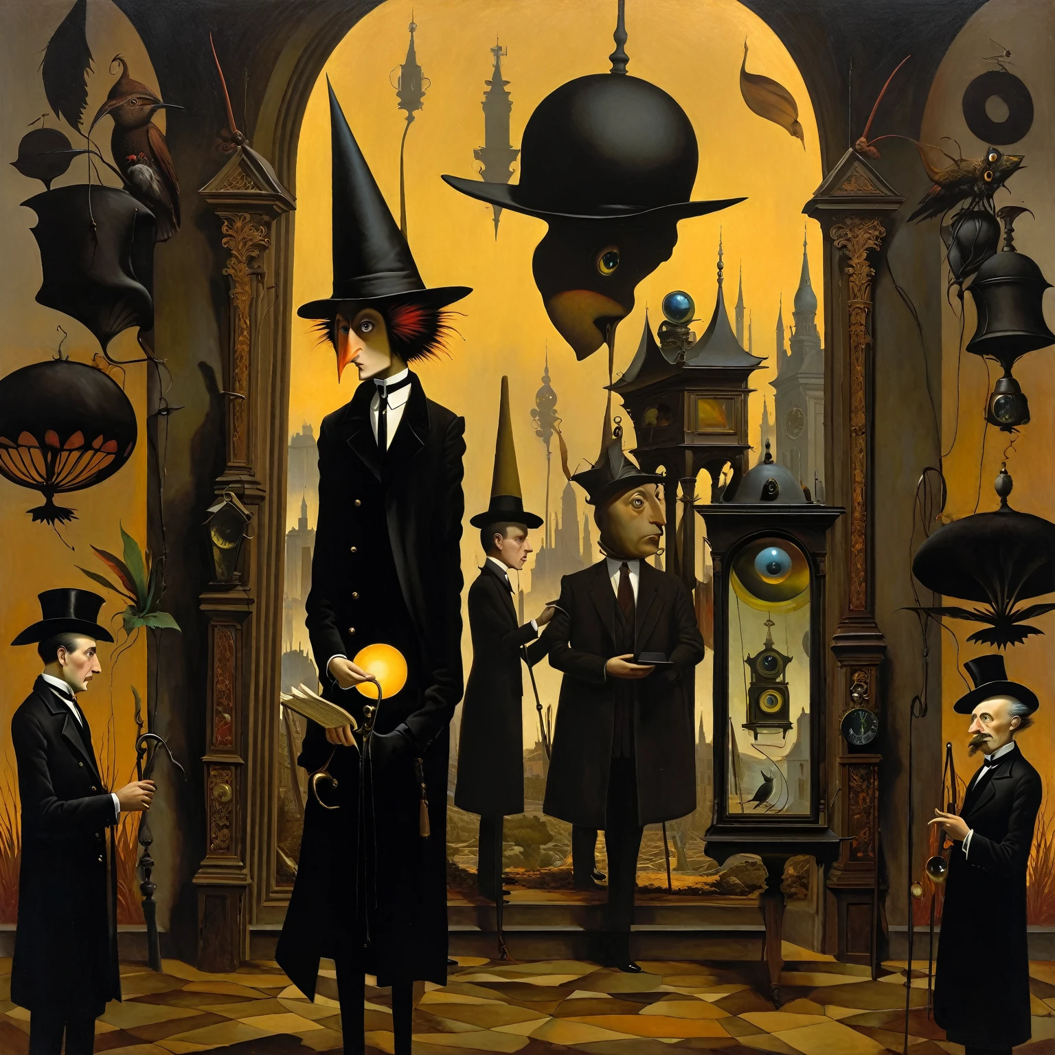 Oil painting in a combination of techniques and styles by Chris Van Allsburg, David Wiesner, Charles Adams, Mark Davis, Jacek Jerka, Vladimir Kusch, Lotte Reiniger, and Sean Tan. A surreal scene with creatures dressed in black suits and cylinders gathered in a square, around a large man with a cuckoo clock instead of a head, dressed in a costume of books. Around him are mirrors reflecting strange and unexpected images. An entity in a cylinder, with an entity in a yellow cloak holding an umbrella, approach them. A guardian - a caretaker with an eye-shaped head, wearing a trench coat and hat is watching intently. The background is a mysterious, twilight landscape of a dream-like city, with sparse and abstract cannabis-like vegetation, stunning digital art in the style of aesthetic surrealism with gothic elements. Dramatic lighting and textures of antique surfaces adding depth and mystery. The palette used includes golden ochre, malachite, natural sienna, azurite, vermilion, burnt umber and sepia to create a sense of vintage and magic.