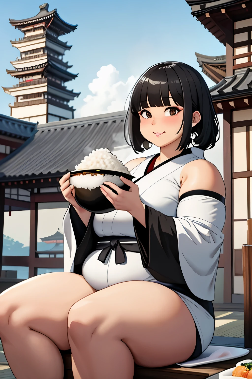 chubby sumo girl, black hair, black eyes, white sumo mawashi outfit, eating a lot rice bowls, medieval Japanese Buddhist temple background