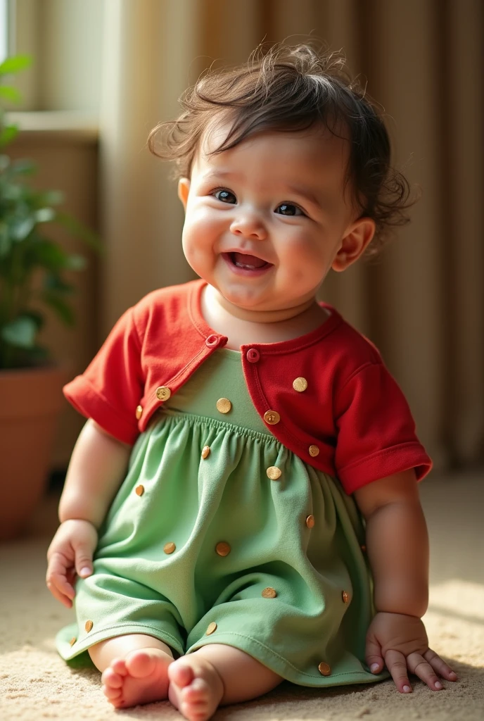 A female baby with a flower loom and pink clothes smiling 