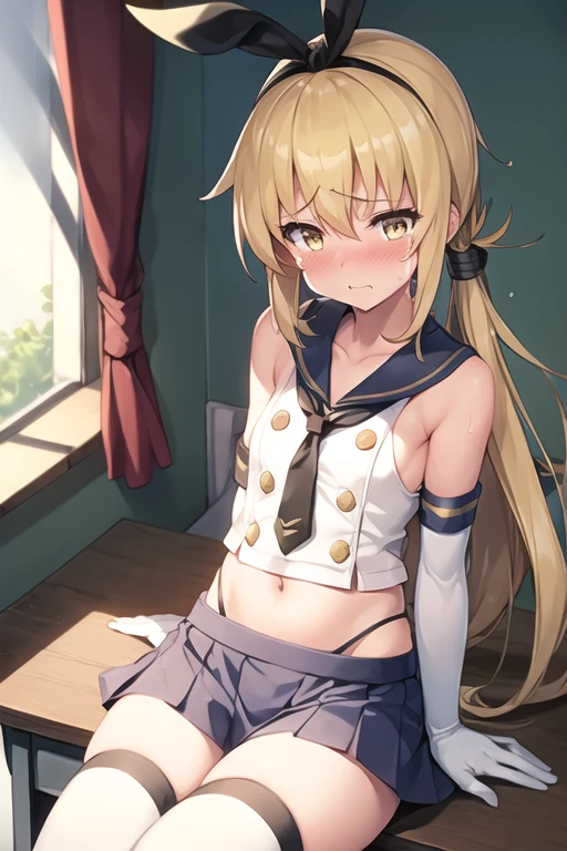 1girl, satsuki, kantaicollection, blonde_hair, long_hair, yellow_eyes, shimacos,crop top,microskirt,elbow gloves, upper body, flat chest, embarrassed, blushed, (sitting on desk), (tears:1.2),crying, crescent_pin, necktie, (masterpiece), high resolution, 8k, best quality
