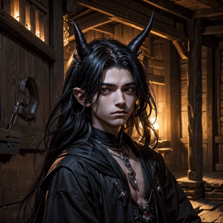 A male incubus, brawny, leather clothing with gold details, sadomasochist, with long black hair, horns on head, horns curved backwards, big bat wings, gorgeous eyes, Eyes red, fire in the background, dramatic lighting, Gothic aesthetic. ultra realisitic, extremely details, focus on character, nblurry background.