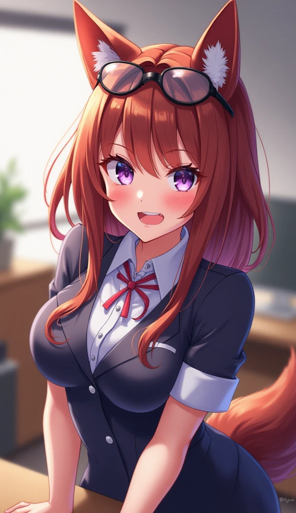 (Masterpiece: 1.5), (Best Quality: 1.5), Perfect Eyes, Perfect Face, Volumetric Lighting, 1 Woman, Mature Woman, (Whiteness: 5), fox ears, fox tail, dark brown hair, green eyes, sexy, enormous breasts, cleavage, sexy, thick tights, school girl,