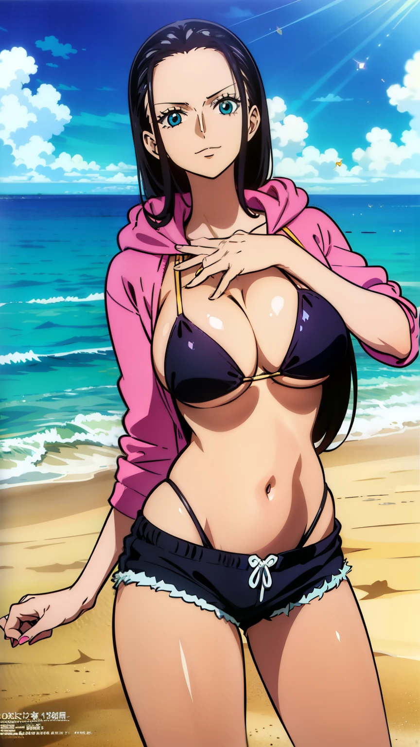 (masterpiece, best quality, high resolution, 8K:1.2), anime coloring, detailed, from one piece, one piece style, Nico Robin, mature woman, 30 years old, woman with long black hair, big medium breasts, calm and collected, happy expression and laughing, soft look, beautiful face, perfect hands, (Open the hoodie, bikini
, navel, shorts, beach), cowboy shot, dutch angle, looking at viewer,