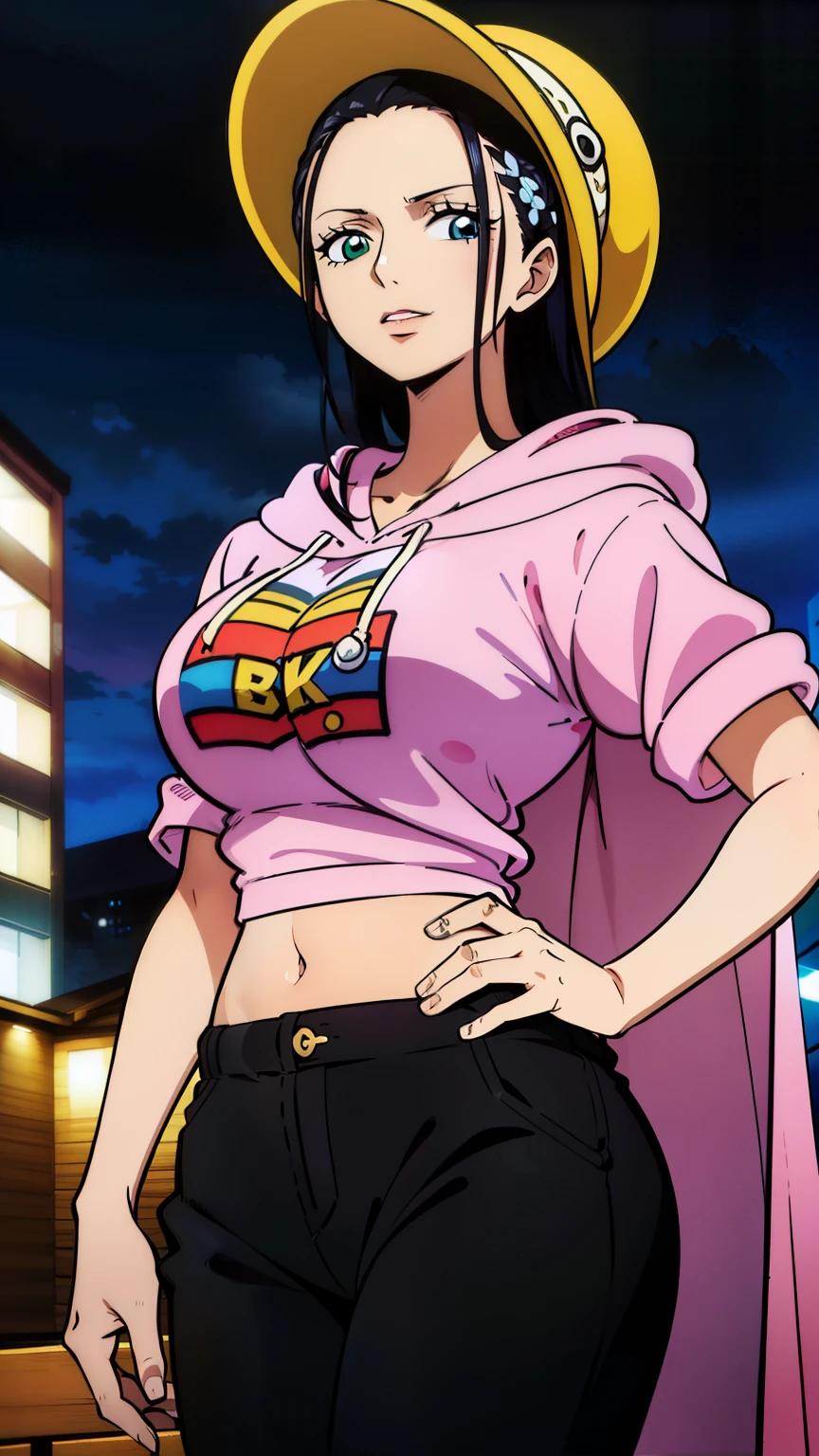 (masterpiece, best quality, high resolution, 8K:1.2), anime coloring, detailed, from one piece, one piece style, Nico Robin, mature woman, 30 years old, woman with long black hair, big medium breasts, calm and collected, happy expression and laughing, soft look, beautiful face, perfect hands, (Hip hop dancer style, cap, pants, hooded sweatshirt, colorful shirt, navel, natural lip, city, night), cowboy shot, dutch angle, looking at viewer,