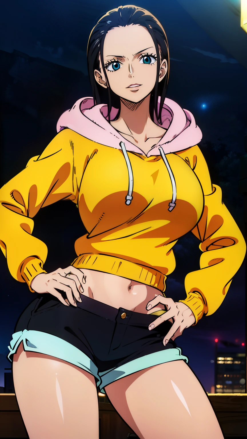 (masterpiece, best quality, high resolution, 8K:1.2), anime coloring, detailed, from one piece, one piece style, Nico Robin, mature woman, 30 years old, woman with long black hair, big medium breasts, calm and collected, happy expression and laughing, soft look, beautiful face, perfect hands, (Hip hop dancer style, cap, shorts, hooded sweatshirt, colorful shirt, navel, natural lip, city, night), cowboy shot, dutch angle, looking at viewer,