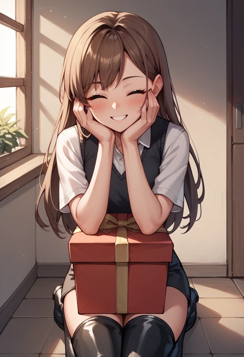 (masterpiece, best quality, ultra detailed), (perfect face, detailed face), (detailed background, complex background:1.2), full-face blush, smile, looking at viewers, detailed light,
<lora:megumi_tokoro_v1:0.8> megumi tokoro, ahoge, long hair, cowboy shot, tilt head, incoming gift, box,
(indoors, light lamp, night, room lamp) <lora:brj-incoming-gift-v1:1>