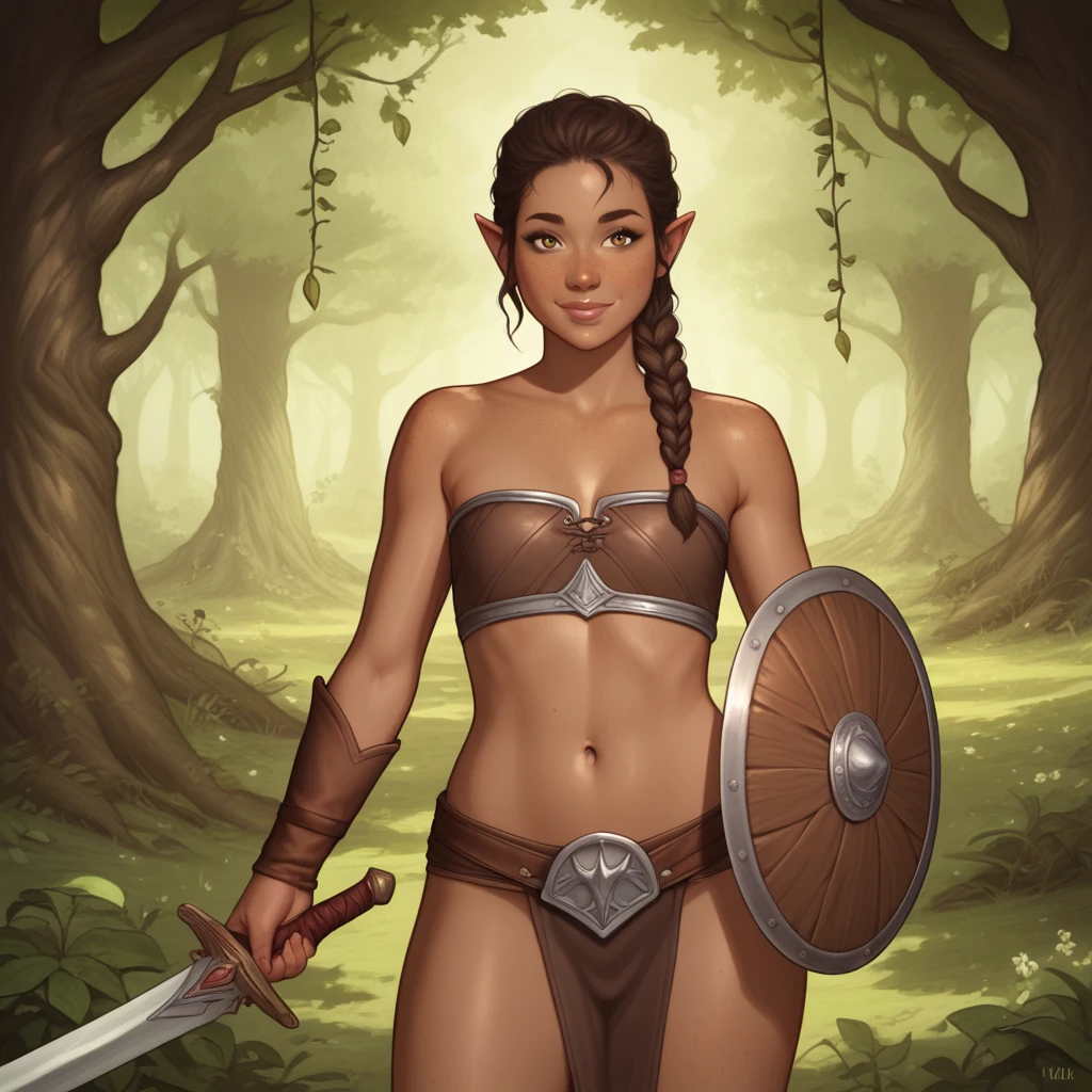 (((beautiful, high quality, perfect eyes, comics style, semi-realistic, detailed face))), score_9, score_8_up, score_7_up, BREAK 1girl, solo, Tevvi, half-elf female, Druid, dungeons & dragons, DnD, dark skin, freckled skin, Chestnut-brown hair, big dark-brown "doe" eyes, hair pulled back, ponytail, braid, stray strands of hair, lovely easy smile, youthful features, young face, flat chested, budding breasts, brown leather armor, well-crafted, etched design on leather, carrying curved sword, well-crafted, 1 small round wooden shield, braided vines on shield, vines with flowers on them, protected by magic, forest background, (cowboy shot view), DeepNegative_xl_v1, detailxl, zPDXL2