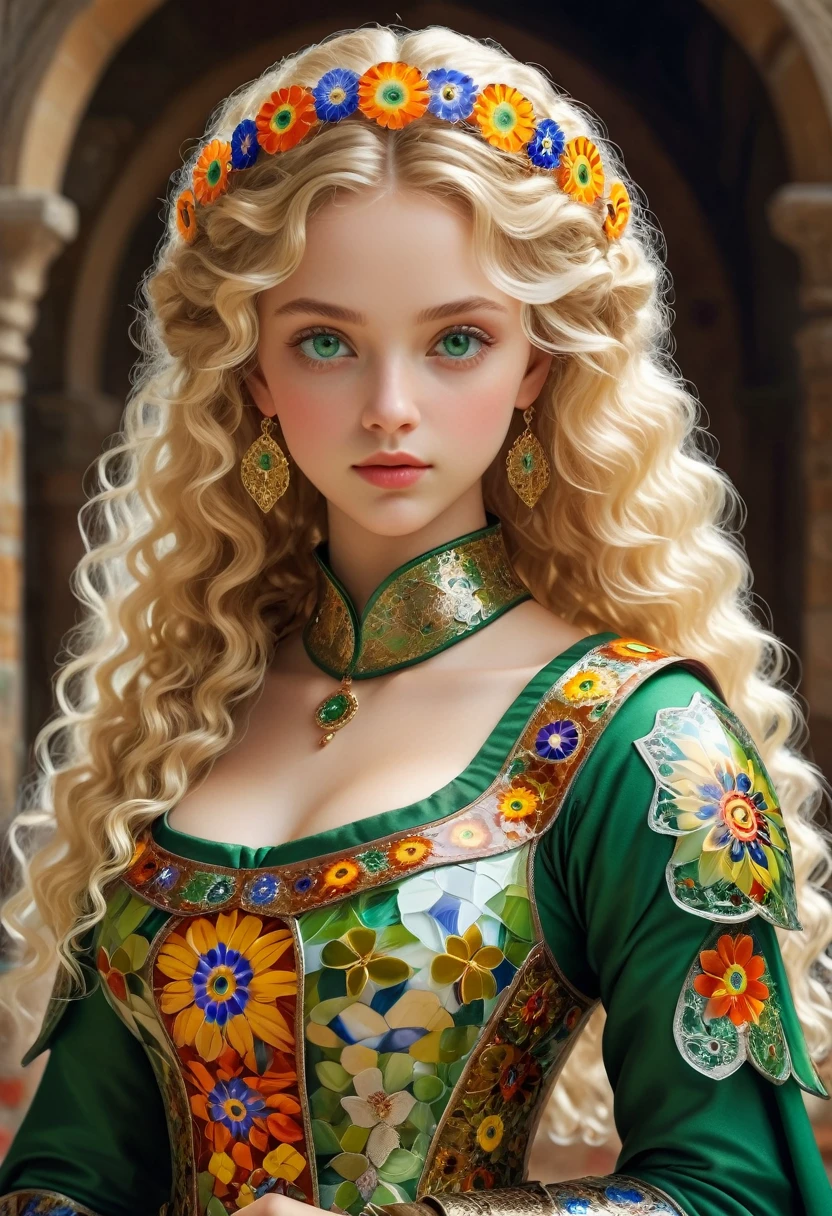 Millefiori glass style，, masterpiece, best quality, 8k, Delicate skin texture, Detailed fabric texture, Beautiful and delicate face, Intricate details, Super detailed, A European girl, Green Eyes, Blondes have curly hair, 3D Characters, Middle Century Knight