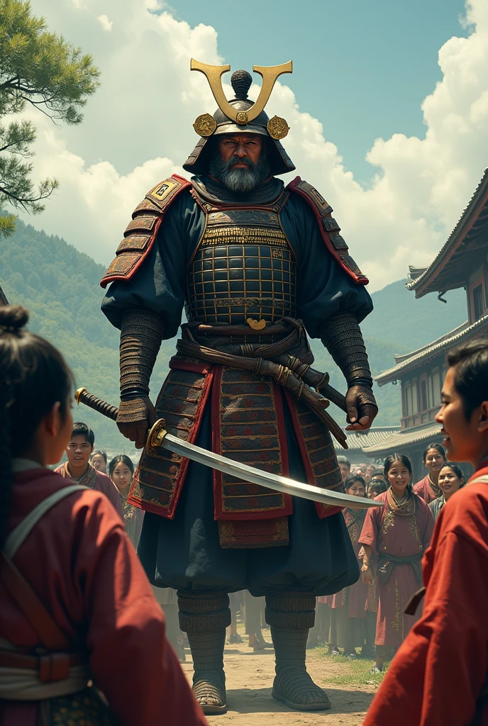 Highest quality、Ultra-high resolution、8k、RAW Photos、Japanese Samurai、((In the living room of my apartment))、hold a child、warrior、armor、knife、beard、cinematic lightening、Child in monpe、Wife in Monpe、A modern-day samurai family