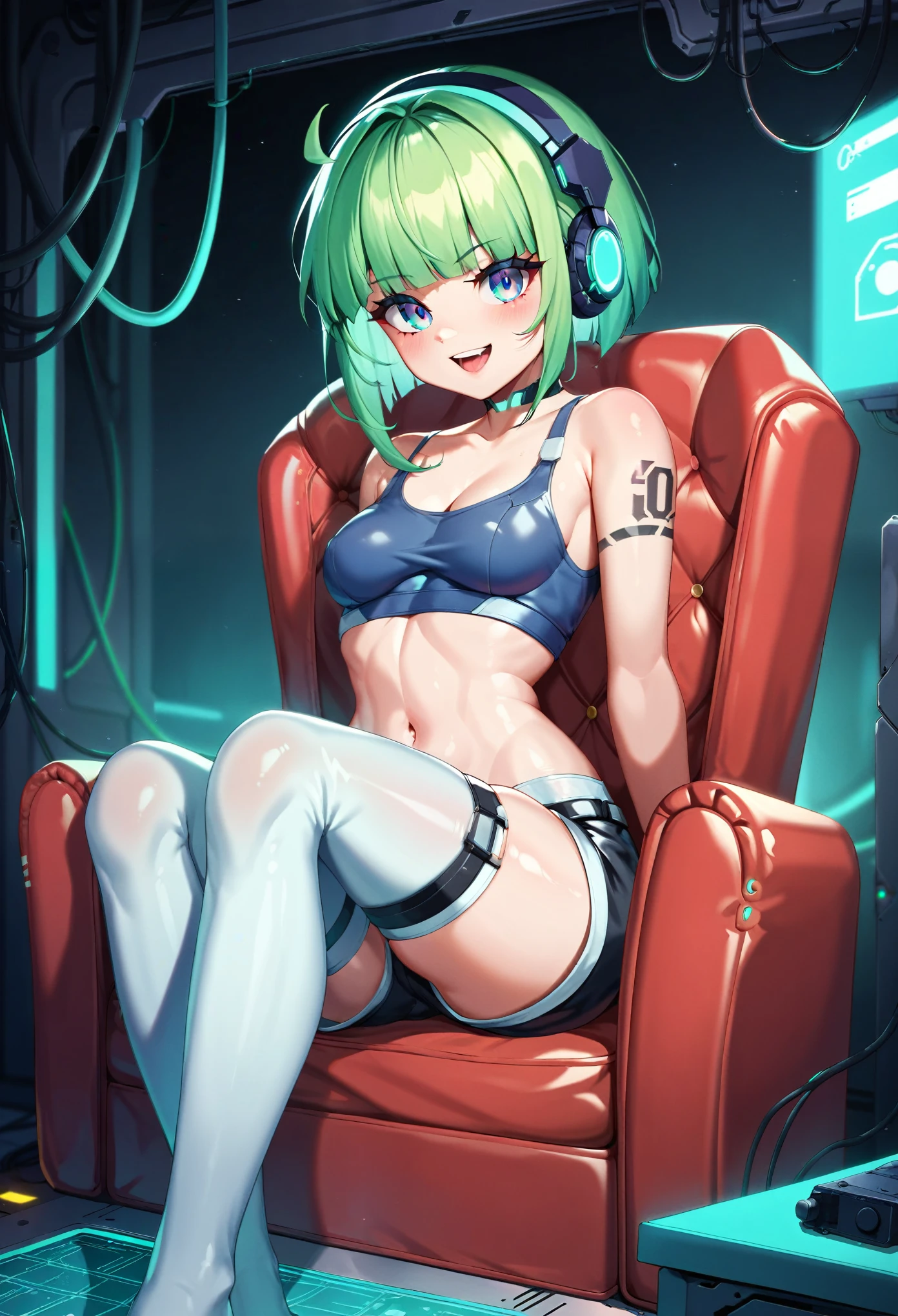 A young girl immersed in a dark, futuristic environment, sitting in a large red armchair or pouf under dim neon lighting. The girl is wearing a virtual reality headset that emits a green glow, and his body is covered in detailed tattoos that run down his arms and legs. Wear a tight tank top, and her relaxed posture suggests she is absorbed in a virtual experience. Around her, Cables and technological devices fill the space, creating a cybernetic and dystopian environment. The image has a visual distortion effect and horizontal lines, as if it were a video stream or a low quality recording, accentuating the retro-futuristic and cyberpunk aesthetics