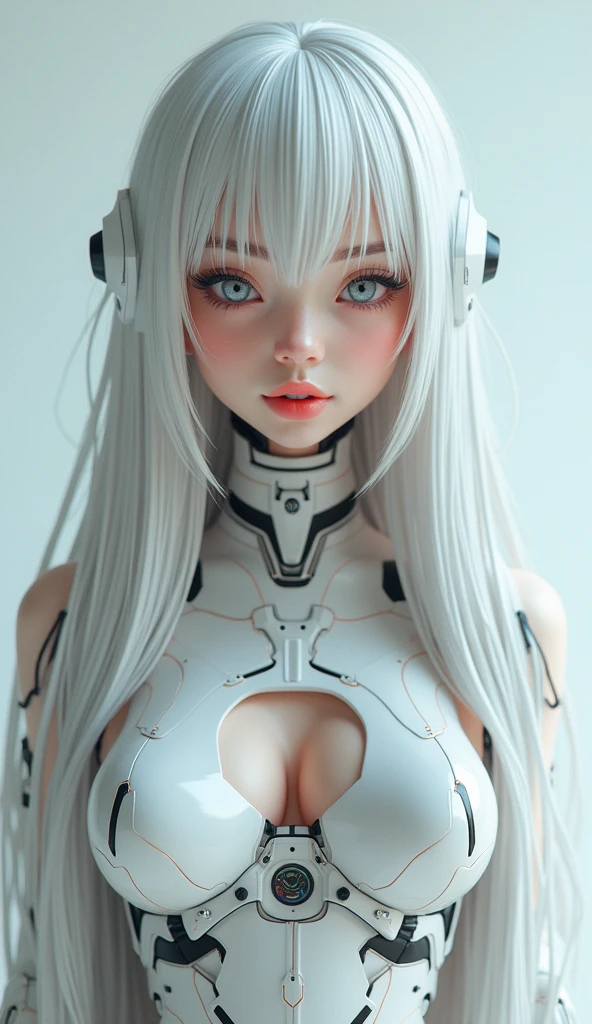 （lifelike， high - resolution：1.3）， 1 girl with a perfect body，slender body, Super fine face and eyes，assasin, dark makeup, shiny skin，white hair, (girl caught in a sex machine)，Expose cleavage, (sex machine, restrained, bound, bdsm, object insertion, smachine) (wet skin, shiny skin)