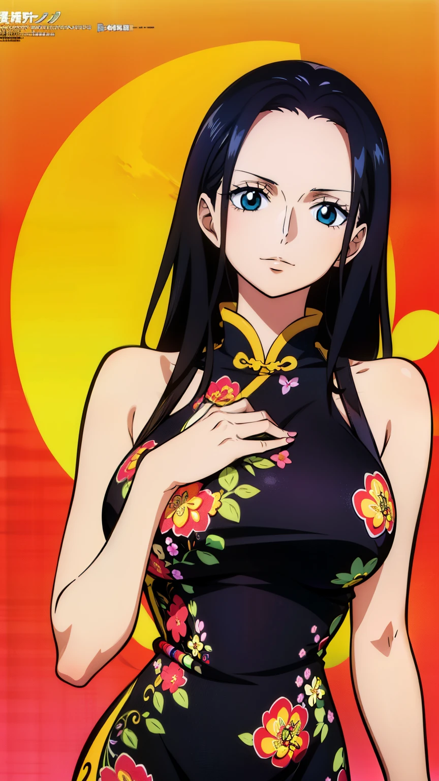 (masterpiece, best quality, high resolution, 8K:1.2), anime coloring, detailed, from one piece, one piece style, Nico Robin, mature woman, 30 years old, woman with long black hair, big medium breasts, calm and collected, happy expression and laughing, soft look, beautiful face, perfect hands, (flower pattern chinese dress, exposed shoulders), (cowboy shot), dutch angle, looking at viewer,