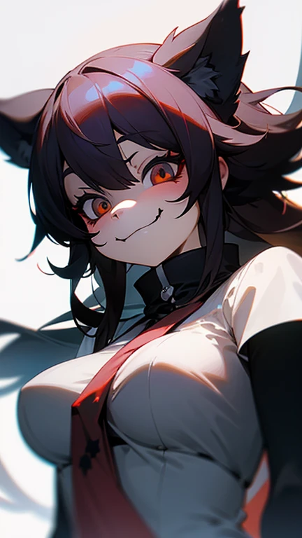 masterpiece, best quality, 1girl, vampire , half body , demon , huge body, terrifying smile, wearing a shirt