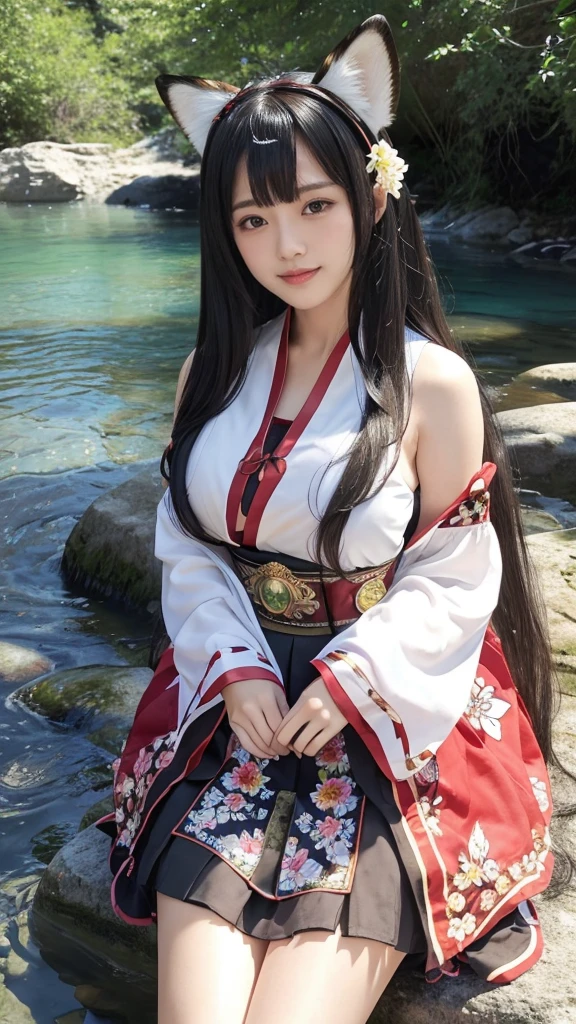 Masterpiece, (Highest quality), ((Most detailed)), Depth of written boundary, Beautiful girl, Beautiful Face, nature, Spirit, flower, Colorful landscapes, Flowers, butterfly, Miko costume,mini skirt, Black Hair, Long Hair,Semi-long hair, , Cowboy Shot, Large Breasts, Gaze, ,smile, Headband, Fox Ears, sitting by the water