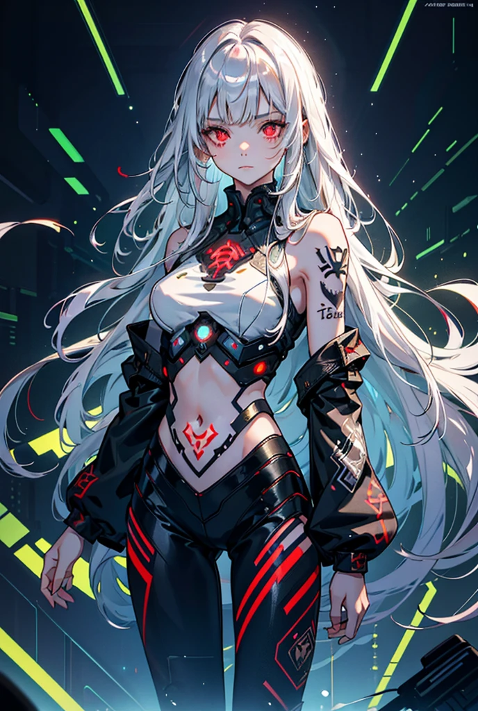 (One Girl)、(beauty)、(Gray Hair)、(30 years old)、(Best image quality)、(8K quality)、(cyber punk)、(Tabletop)、 (Flickering Light)、(cyber punkの軍服を着る)(With a sword)、Cinematic Light, Cinema Shadow, Clear images, Very detailed, Volumetric, brightスプライト, Particle Effects, Beautiful Effects, Vibrant colors, neon, neonライト, Very detailed画像テクスチャ, Thin Hair, fine grain,  city、Black Hair、Shining Eyes、Glowing red aura、Photo on the lap、Legion of Machines、（Dark Elf), (1 Girl), alone, Perfect Face, Get used to it, Ahoge, ((Long Hair:1.2)), (Hair above one eye:1.3), [[Messy Hair]], Shiny blonde white hair, Purple eyes, Variegated eyes, Colorful Hair, Shining Eyes, (eyelash, eye shadow, pink eye shadow), bright, smile, Design Art：haruhiko mikimoto, by Kawashi, By Yoshitaka Amano, Dark Skin