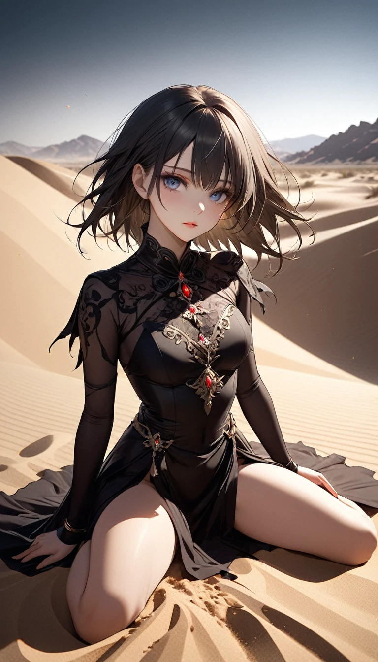 1girl, solo, black short dress, makeup, brown long thin hair, forehead, skinny body, sexy body, desert, night,
