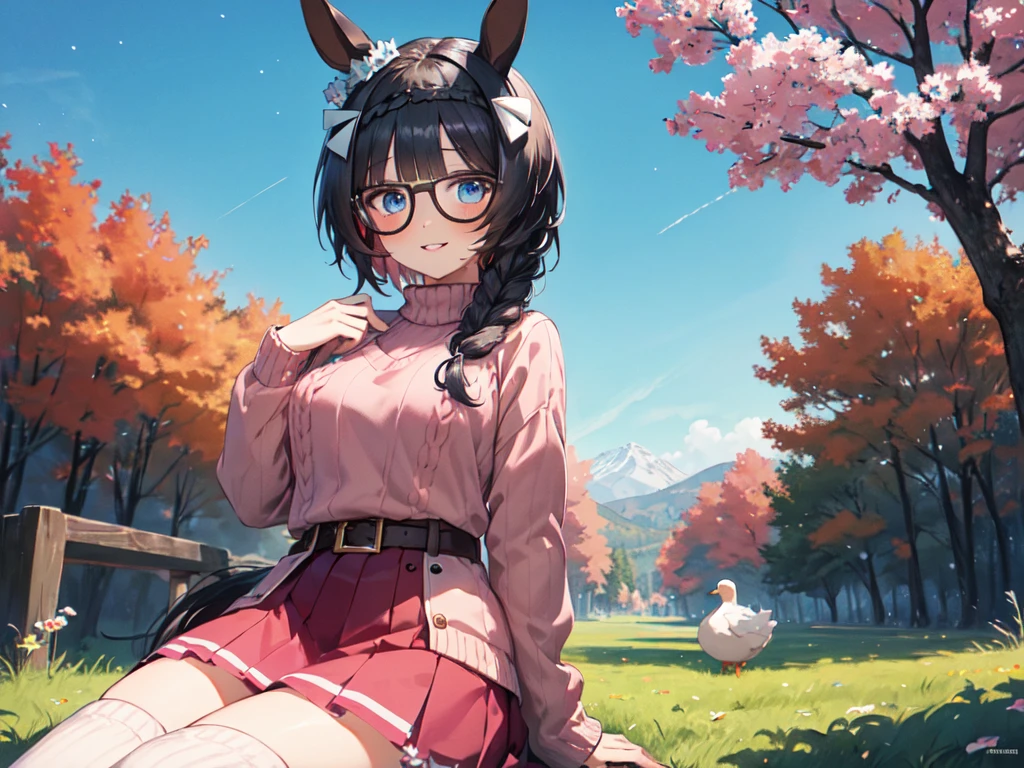 独奏, alone, (woman with horse ears), (horse ears), (girl with horse ears), (Sitting flat,Duck sitting,Girl sitting), nice breasts, (wearing pink glasses), pink lipstick, cheeks, pink sweater, pink knee-high socks, pink skirt, starry sky, levitation, breeze, center of chest, open lips, smiling, cut-in, uhd, retina, masterpiece, accurate, anatomically correct, textured skin, ultra detailed, high detailed, award winning, best quality, high resolution, 8k
