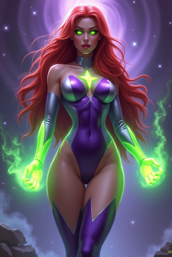 ((Starfire from D.C comic serieeautiful face)(eyes emit green glow)(red lips) ((very long redhead messy hairstyle with side bangs)) ((hair emit fire and light glow, fire particles, light particles)) ((very huge breasts) (perfect slim body) (wears purple and silver bodysuit, purple long stocking)) ((gloves, choker)) ((hands emit green glow)) (posing sexy on skycrapper rooftop at night)),(high definition, amazing lights and shadows) ((masterpiece)) (8k) (perfect face) (best quality) (perfect hands, eyes, and face) ((energy power floating around))