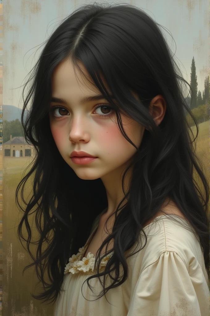 chat, make me a picture in the style "painting-like", with a girl of approximately 2, peasant, English, with black hair, white, from 1600