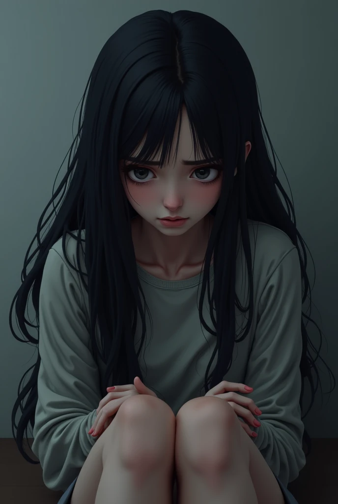 Sadako, soaking wet, wet gown, grey skin, hair covering face.
