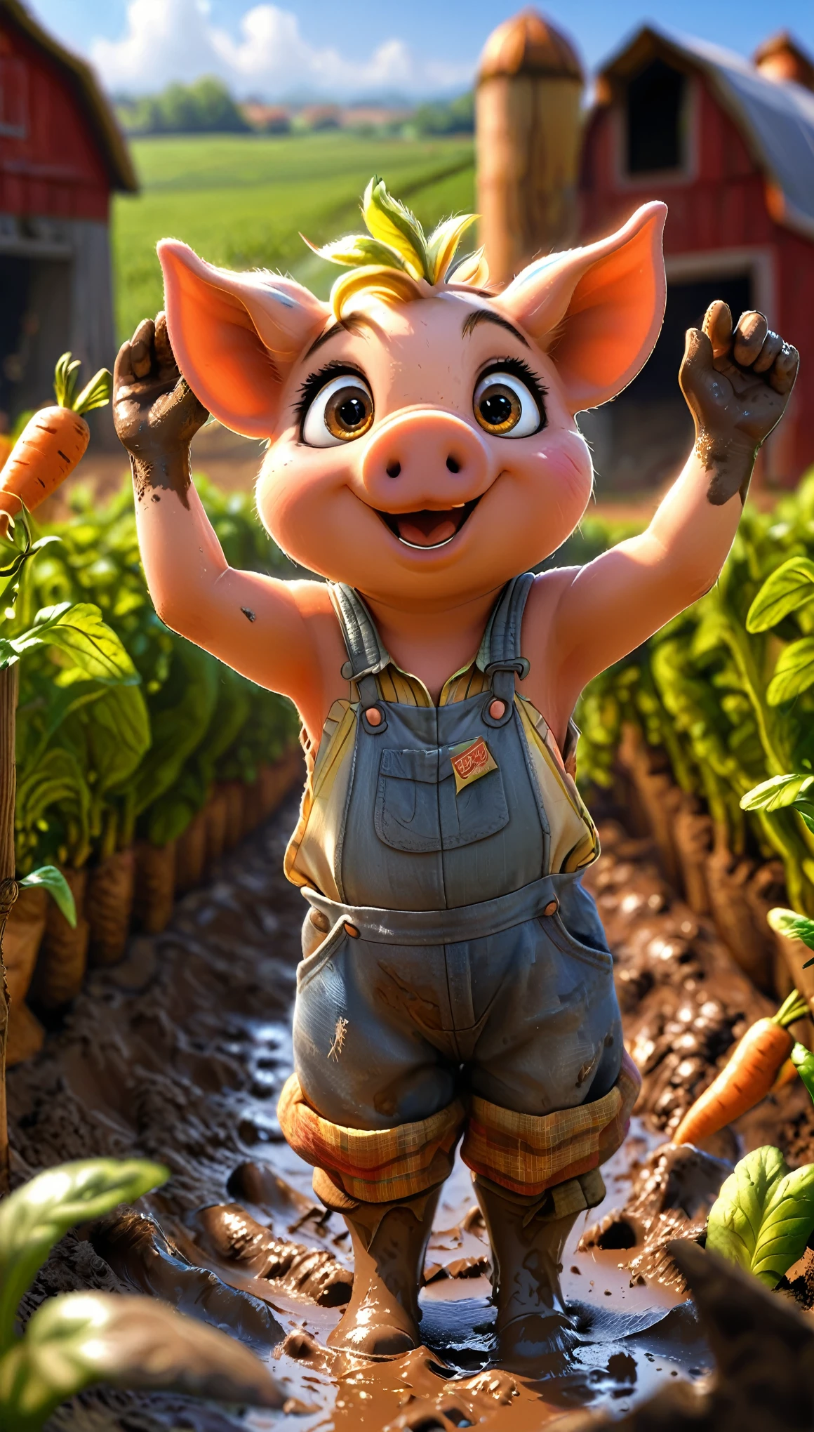 cute piggy, cartoon , arms, hands ,cute eyes, looking at viewer, arms up, farm clothes, piggy ears, flawless, detailed, mud, old clothes, carrot, sunny