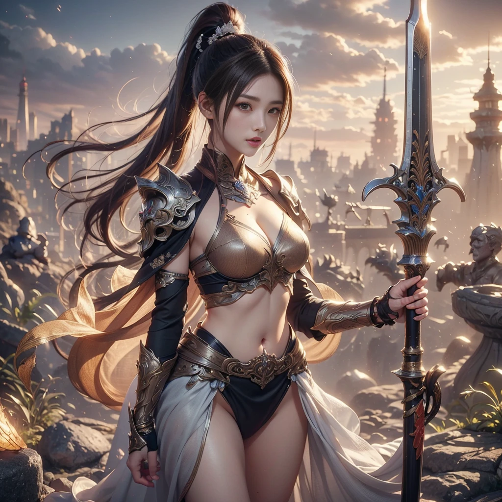 masterpiece,best quality,extremely detailed 8K wallpaper,1girl,gufeng,Full body portrait of an 1 Asian girl，Dark brown hair tied in a high ponytail，Curvy figure，Beautiful face，Wearing armor，holding enormous sword，In the distance is a burning tower，