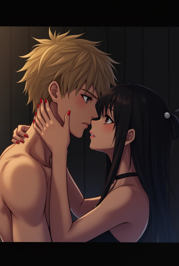 shinkai makoto, kimi no na wa., couple (1girl, Brown eyes, worried eyes, black hair, waterfall braid, red ribbon, long hair, nude, medium breast, pink nipples, nipples, arms up, hands behind head's back), face to face, passionate hug, boy lick girl chest, boy suck girl's chest, boy sucking girl's chest, boy suck and licking girl's chest,(1boy, buzzcut, muscular,open mouth, naked,) sit on bed,indoor, bed, bedroom, night,lamp