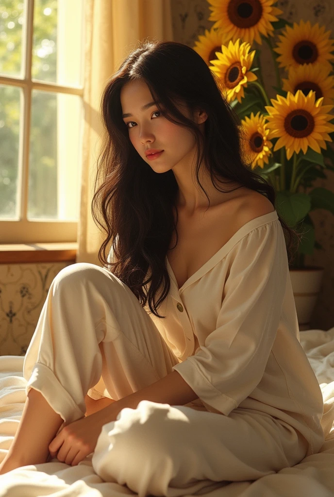 (photorealism:1.2), beautiful woman, sitting on bed, wearing loose off-shoulder top, pajama pants, long curly hair, indoors, soft lighting, plants in background, window with sunlight, cozy room, relaxed pose, realistic, intricate details, warm colors, by Greg Rutkowski, by Alphonse Mucha, asian