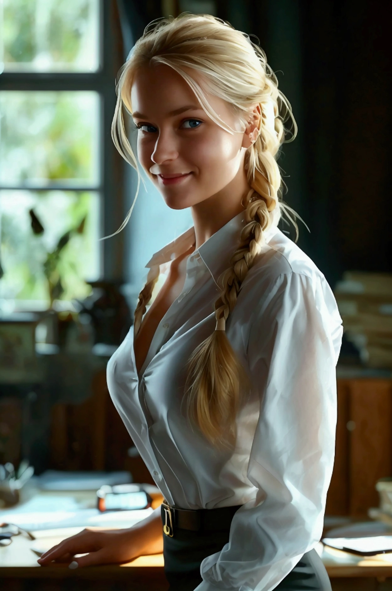 A girl, 2, Nordic, long blonde hair, braided hair, unbuttoned white shirt, skirt, Hot secretary, bending over to her front on a desk, showing her ass and black panties, smiling at camera, small breast, realistic