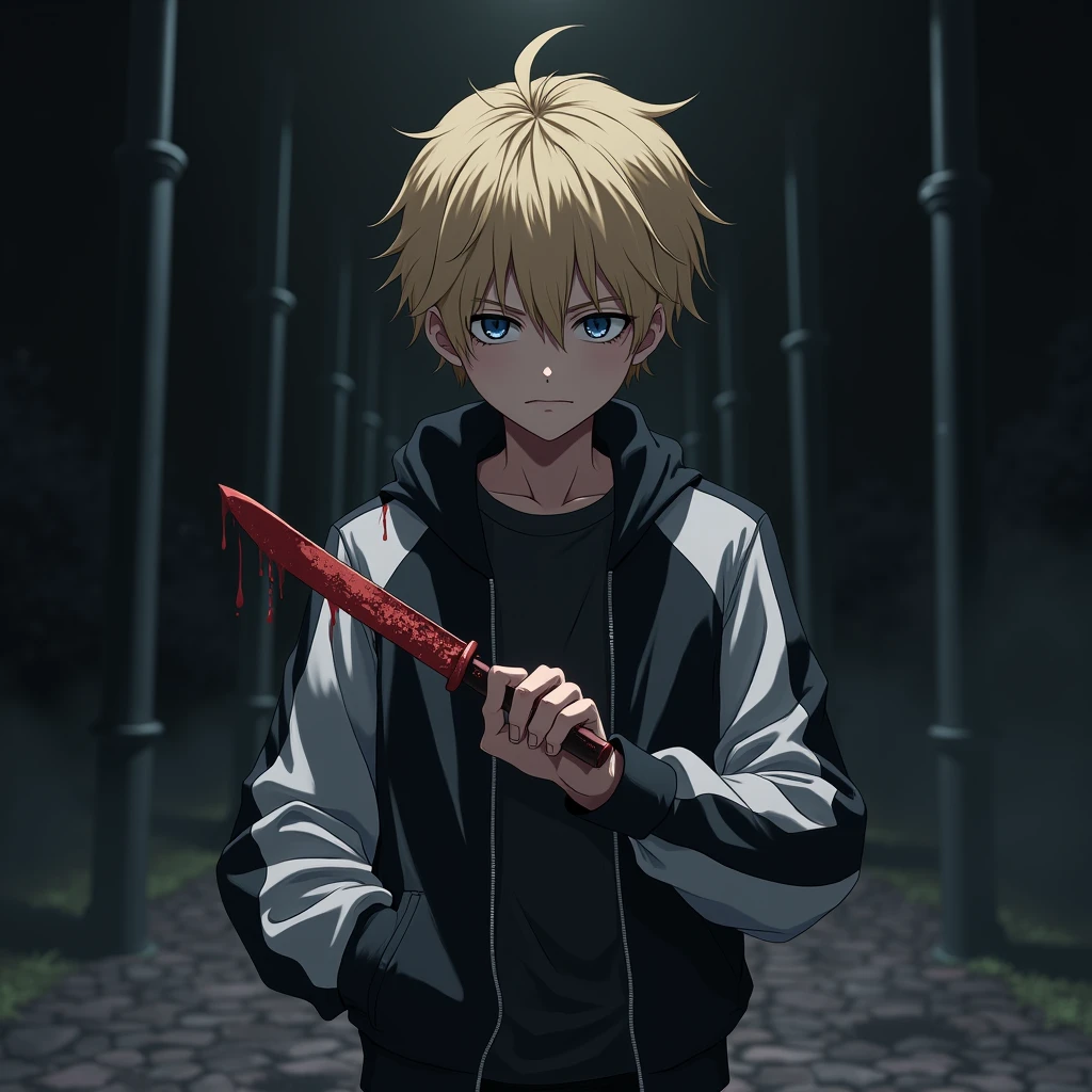 The image is anime style cowboy bebop and Darker than black with shadows and dim lights, anime style although somewhat  and dark, It shows a boy with many scars on his face.. Blonde Black Eyes in the middle of a forest. Swords come out of his body.