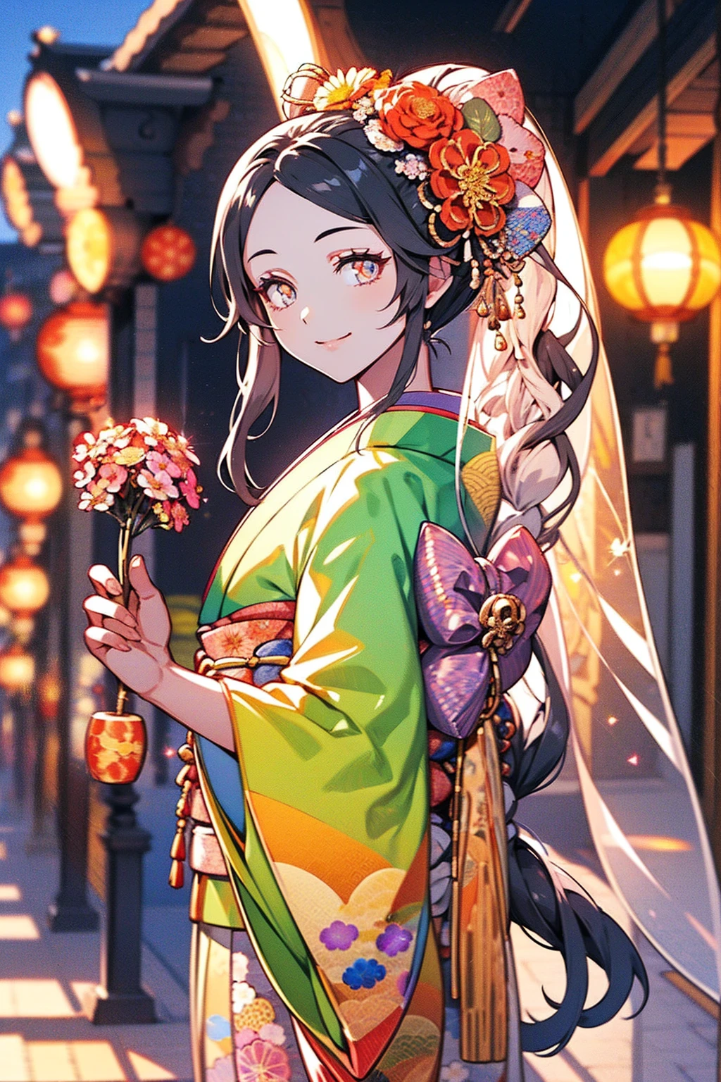 Japanese Girls, 8k, Highest quality, masterpiece, Fantasy, Photorealistic ultra-detailed, One Girl, cute, The best smile, Beautiful Eyes, Long black hair, ponytail, Perfect Face, ((holding a flower in her hand)), mirrornun, japanese clothes, kanzashi, hairpin, kimono, floral print, Particles of light, Glitter, Lens flare