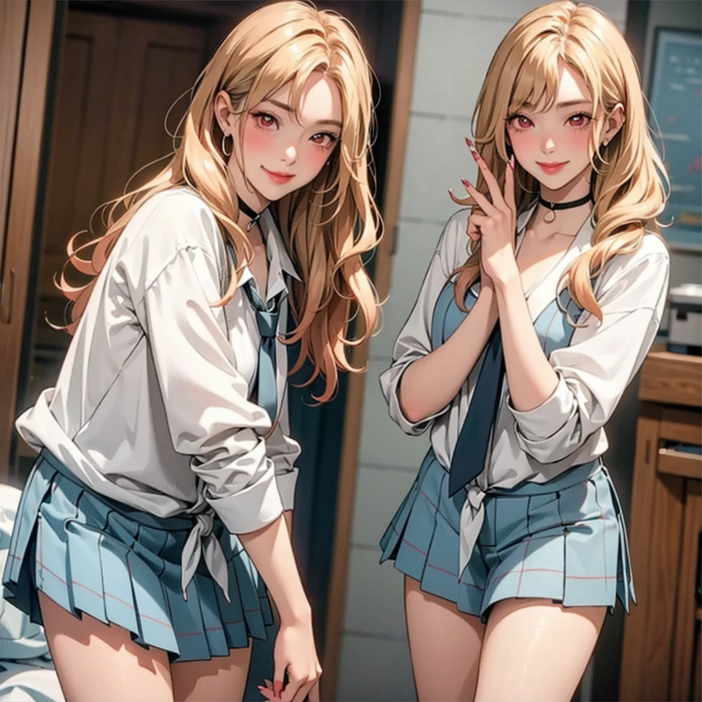 ((Master quality, 8K, masterpiece:1.3, ultra-detailed, high resolution, RAW Photos, detailed , blurry, Actual, ((hyper realistic)), photo, HDR)), BREAK, Anatomically perfect, perfect hands, perfect legs, perfect feet, detailed eyes, BREAK, , kitagawa marin, ((blond long hair, red eyes)) , gyaru, blush, , One girl alone, BREAK, beautiful face, beautiful detailed eyes, , ((( undressing ))), , ( Round and Stacked Breasts, ), Cleavage:1.5, , , slim waist, (((, seductive smile ))), Sweat-soaked skin, BREAK, wearing( ,  , school uniform, , white shirt, Navy Blue skirt , jewelry , , ear piercing, earrings, black choker , collared shirt, , nail polish, sparkle, long fingernails, fingernails, , pink nails, , sleeves rolled up, barbell piercing, black necktie, lace lingerie, , Wet:1.5, ), , BREAK, ( Random Angle, full-body, ), dynamic angle, , background(Realistic , cinematic lighting, depth of field, indoor, Changing room, mirror, , , A flirty atmosphere, , , light particles)