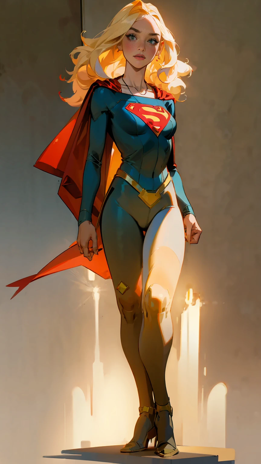 ((full body photo, standing)) anime style young adult woman, 2, blonde hair, she has a thin body, big curly hair, faces with some freckles, green eyes, earrings, discreet necklace with pendant, superman character costume, red cape, heroic pose
