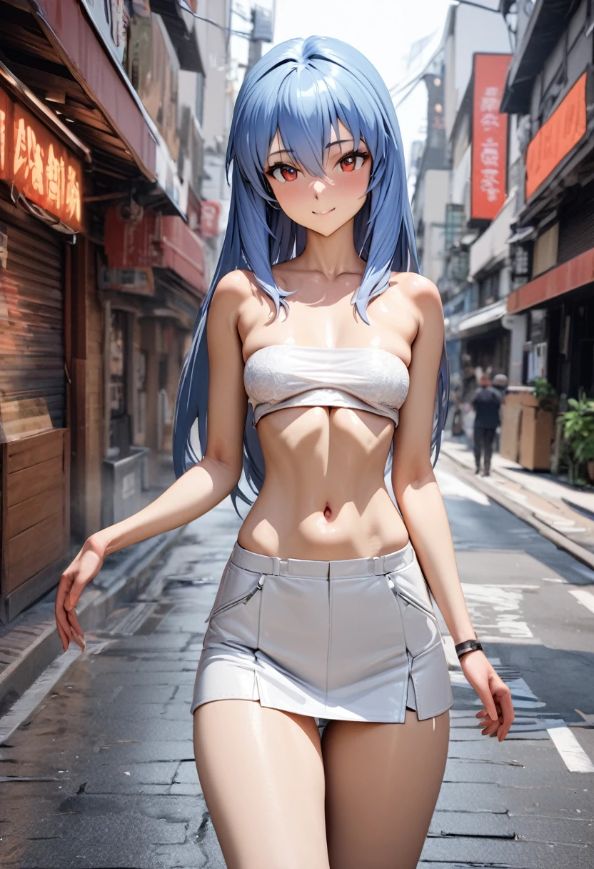 Tall pale girl, sexy (young), (flat chest) cyber punk style, blue eyes, (white long hair), tattooed, using sexy black underwear, standing in the street during night time. 