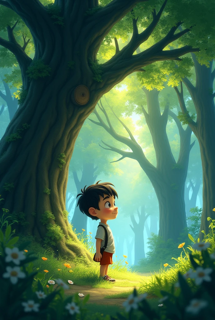 A cartoon boy standing in the middle of a forest looking at a tree ...