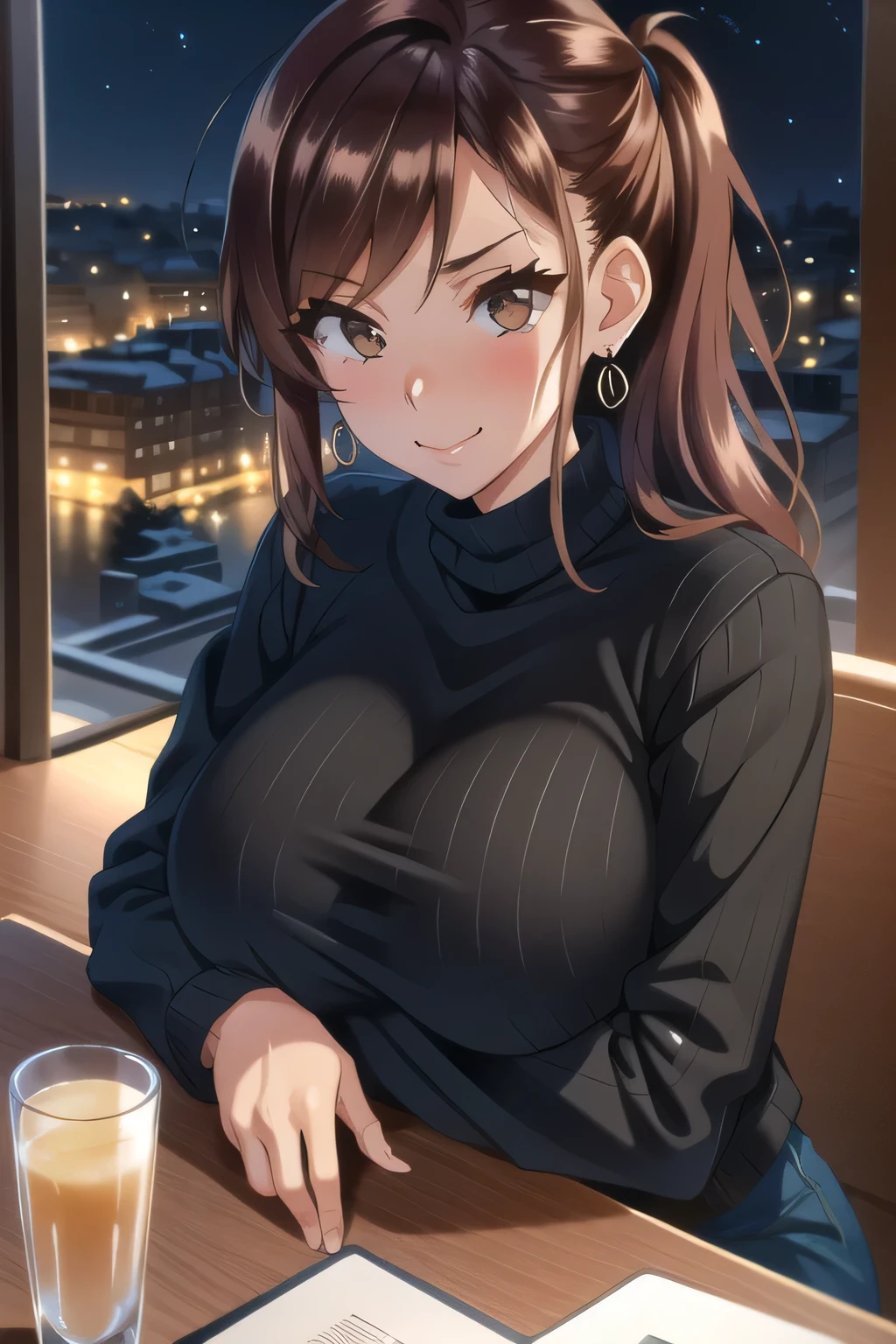 breasts on table, long hair,  looking at viewer, closed mouth, 1girl, sweater, ribbed sweater, turtleneck sweater, smile, brown eyes,  earrings,  solo, upper body two side up,  breast rest, pov across table, brown hair, blush, long sleeves, jewelry, inside the apartment, sitting at the dining table, view of the city at night from the window, night time,  masterpiece, highest quality, High resolution,