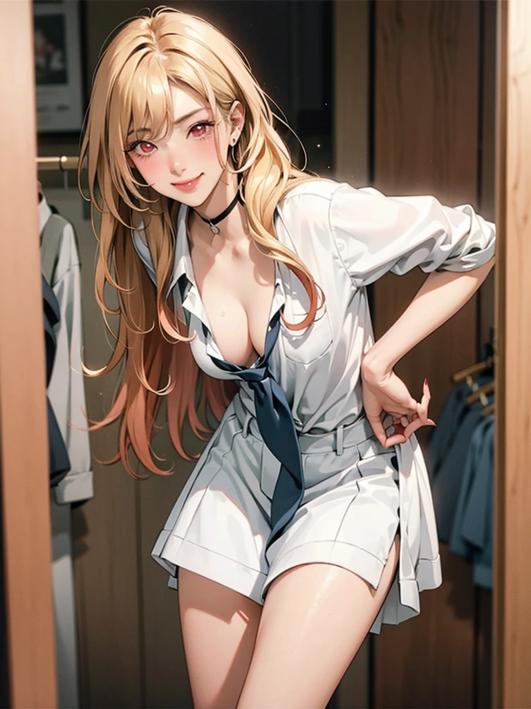 ((Master quality, 8K, masterpiece:1.3, ultra-detailed, high resolution, RAW Photos, detailed , blurry, Actual, ((hyper realistic)), photo, HDR)), BREAK, Anatomically perfect, perfect hands, perfect legs, perfect feet, detailed eyes, BREAK, , kitagawa marin, ((blond long hair, red eyes)) , gyaru, blush, , One girl alone, BREAK, beautiful face, beautiful detailed eyes, , ((( undressing ))), , ( Round and Stacked Breasts, ), Cleavage:1.5, , , slim waist, (((, seductive smile ))), Sweat-soaked skin, BREAK, wearing( ,  , school uniform, , white shirt, Navy Blue skirt , jewelry , , ear piercing, earrings, black choker , collared shirt, , nail polish, sparkle, long fingernails, fingernails, , pink nails, , sleeves rolled up, barbell piercing, black necktie, lace lingerie, , Wet:1.5, ), , BREAK, ( Random Angle, full-body, ), dynamic angle, , background(Realistic , cinematic lighting, depth of field, indoor, Changing room, mirror, , , A flirty atmosphere, , , light particles)