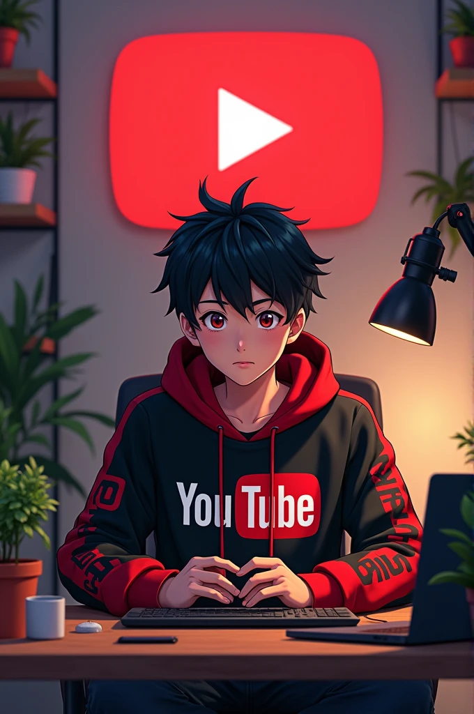 Create a image of "A 18 years anime boy, sitting in front of a computer desk with a microphone and laptop, wearing black and red hoodie with the Channel Name on it "SICKTUBE".

The background includes a large YouTube logo on the wall, potted plants on either side, and various recording equipment.