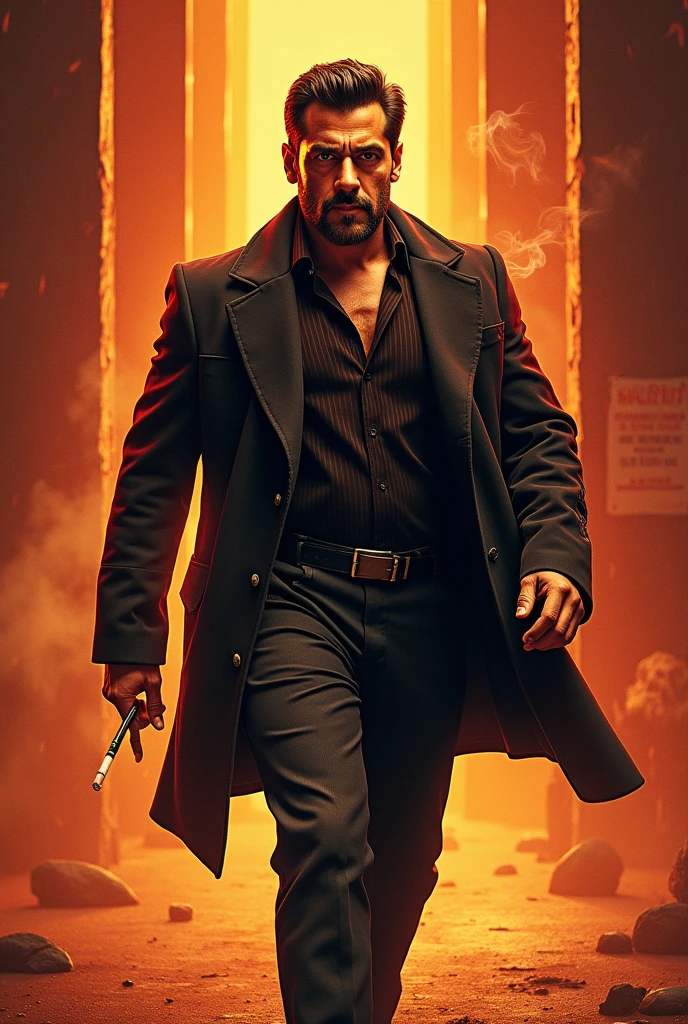 cine still action portrait, a stylish man walking away from a blast, fire and dust, photorealistic, ultra realistic, shot on Canon EOS R5, 45-70mm, F /2.8, depth of field, bokeh-style, balanced color schemes, dramatic composition,