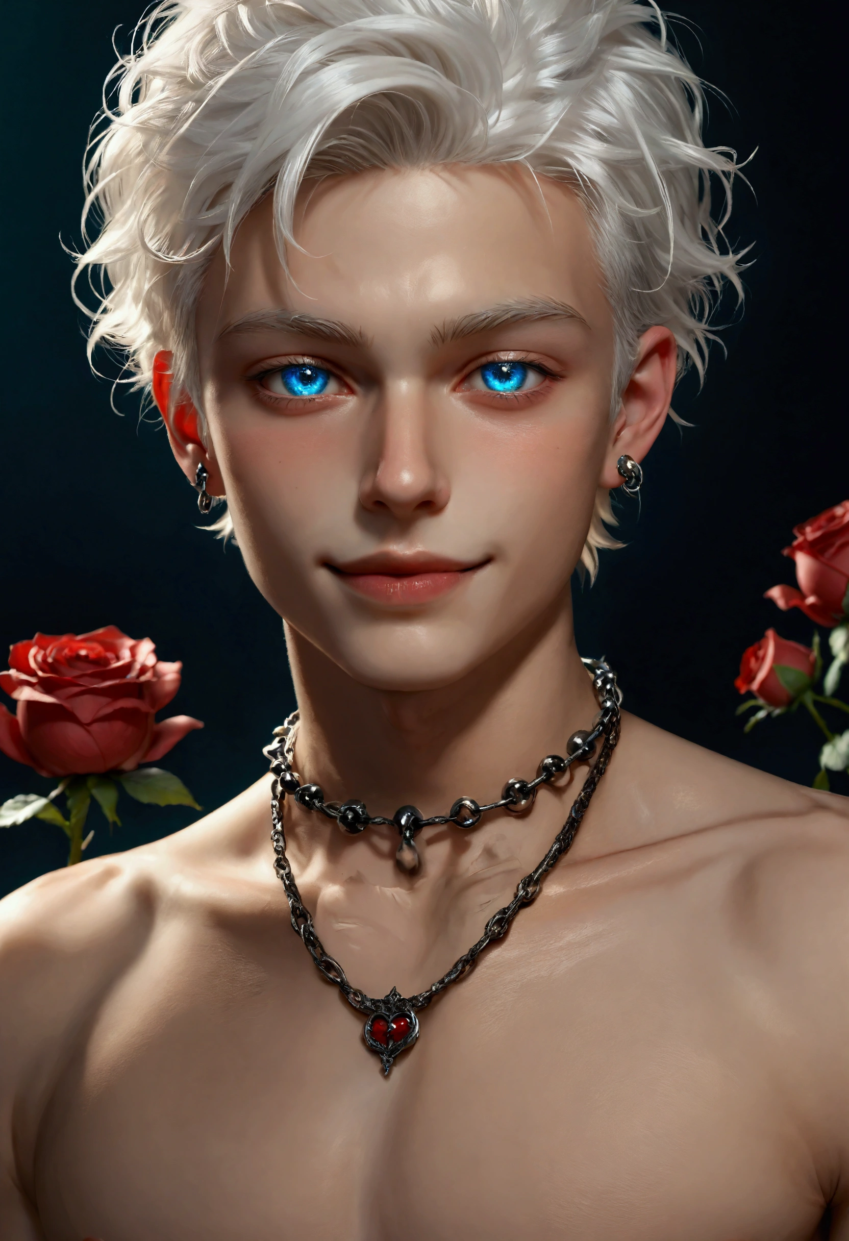 beautiful and skelt young man blue eye blond white hair half body shot, red roses in the background, twink, piercing, neck chain, sharp blue eye, naked body, niple piercing, erected niples, happy face, six pack pubic hair, pubic hair,