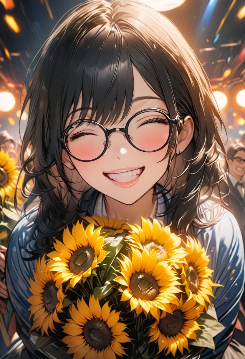 Beautiful girl with glasses, Long black hair, Bouquet of sunflowers and red roses, Bright colors, smile, 8K quality, Focus of the film, close your eyes