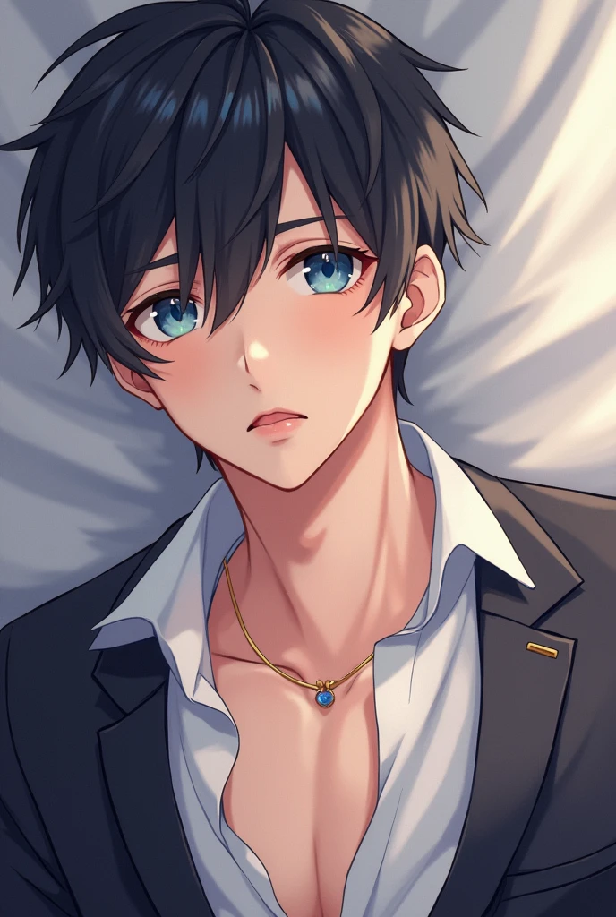 1 male, short hair, white hair WITH BLACK HIGHLIGHT, MULTICOLORED black Hair, blue eyes, aventurine clothes, (best quality,4k,highres,masterpiece:1.2), teenager, short hair, shirtless, shy