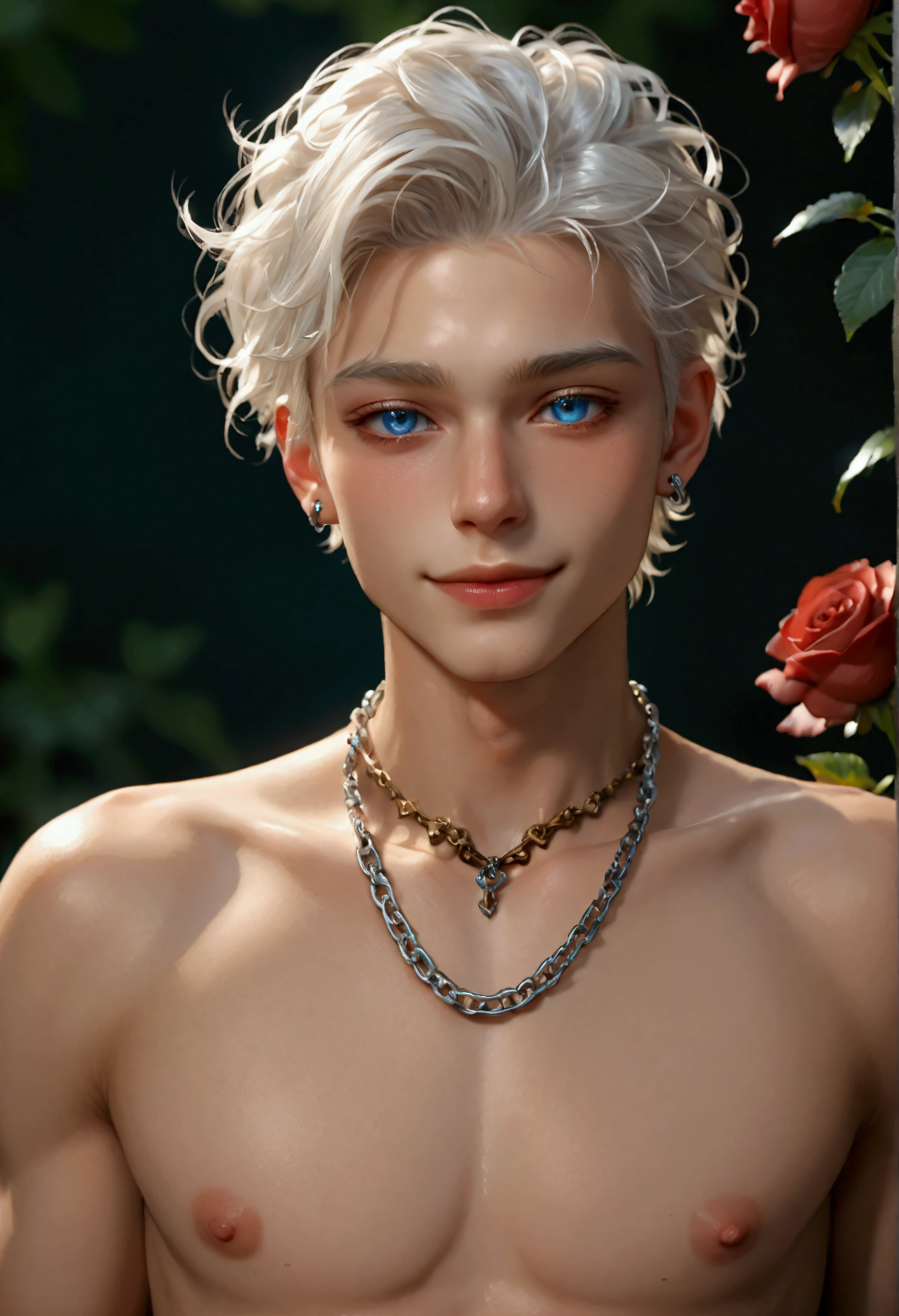 beautiful and skelt young man blue eye blond white hair half body shot, red roses in the background, twink, piercing, neck chain, sharp blue eye, naked body, niple piercing, erected niples, happy face, six pack pubic hair, pubic hair,