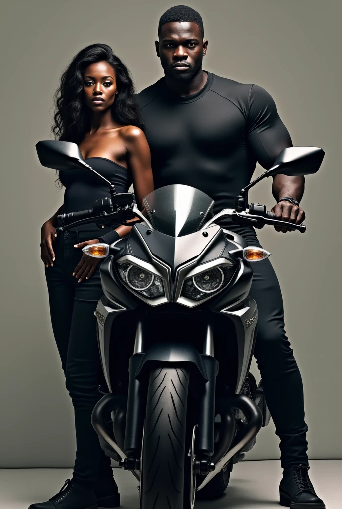 I want an image of a black man, young, bending over a motorcycle, and a brunette woman with white skin and tied hair, looking angry at him.