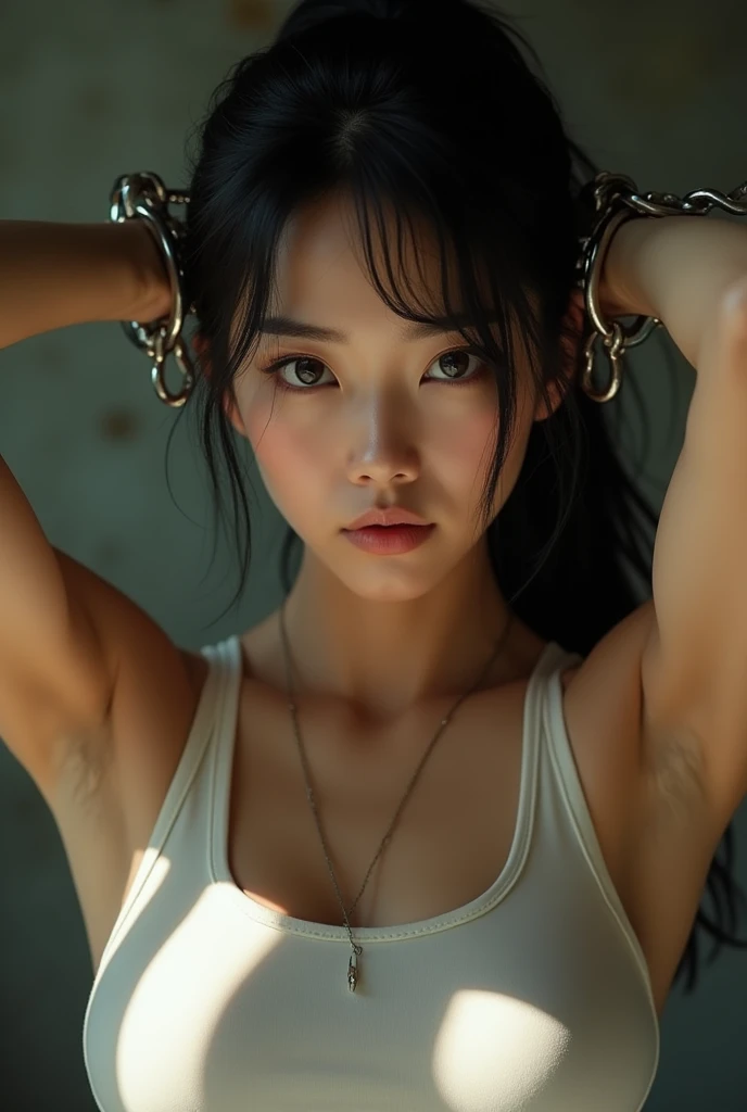 Beautiful korean woman, Bare skin, Sporty fit, Suitable for slim people, Toned body, Slender and hot body, Elegant shape, Bare skin, barely naked, Black tape clothes, nipples exposed, wielding a red rose, inside a metal cage, angry, perfect eyes