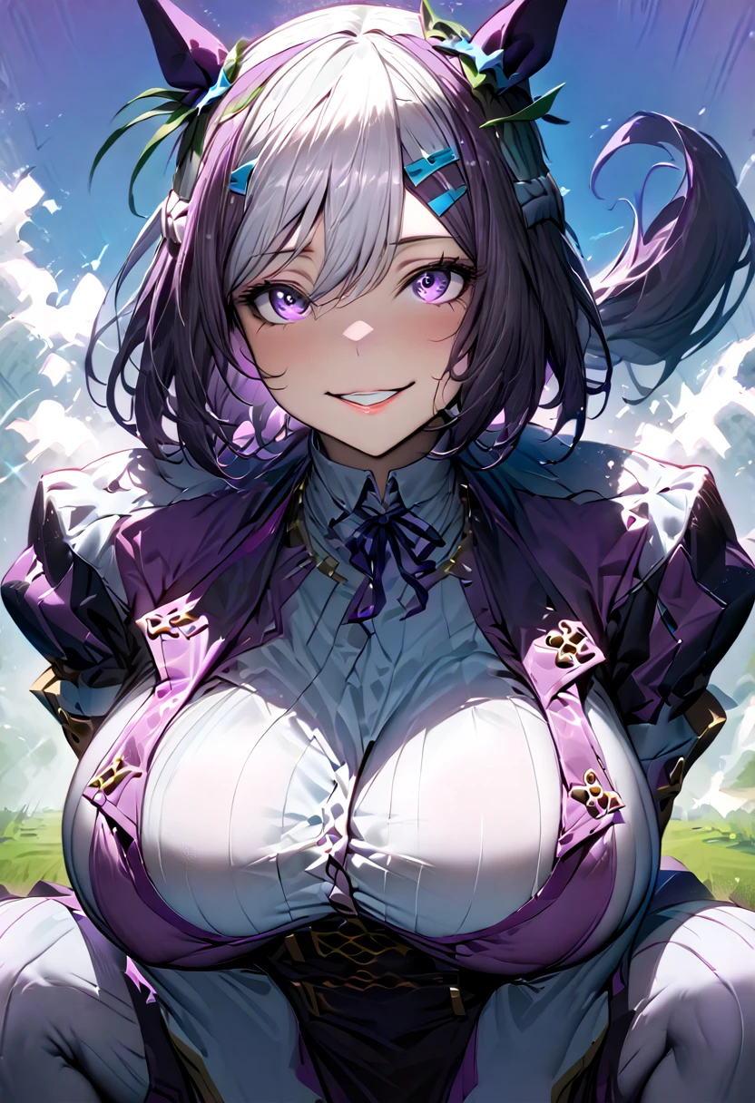 (((((Special week)))))、(Uma Musume),((Super huge giant chest)),(blue sky)、(Turf)、(((A tight white and purple outfit)))、(Squat)、(smile)、(Show me your crotch)、,{{{Browsing Caution}}}、{{{masterpiece}}}, {{{Highest quality}}}, {{ultra-detailed}}, {{shape}}, {{{Very delicate and beautiful}}},{{extremely detailed CG}}、{{unity 8k portrait}}、{{Fabric Shading}}、{{super detailed skin}}、{{Perfect Anatomy}}、{{detailed}}、{{Dynamic Lighting}}、{{{beautiful detailed eyes}}}、{{{beautiful detailed Face}}}、{{{Realistic, RAW Photos}}}、(Perfect Face)、(非常にdetailedな顔)、(Perfect Eyes)、(highlight)、(Perfect Legs)、(Perfect breasts)、(Perfect pose)、(Perfect body)