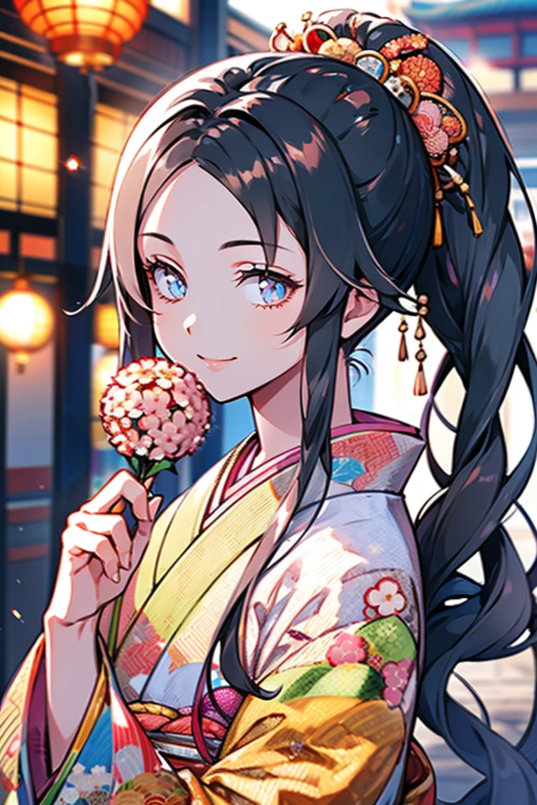 Japanese Girls, 8k, Highest quality, masterpiece, Fantasy, Photorealistic ultra-detailed, One Girl, cute, The best smile, Beautiful Eyes, Long black hair, ponytail, Perfect Face, ((holding a flower in her hand)), mirrornun, japanese clothes, kanzashi, hairpin, kimono, floral print, Particles of light, Glitter, Lens flare