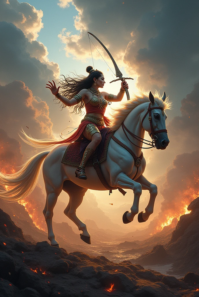 two women Riding an giant elephant, a mature female, many soldiers outside, male muscle, full body, stand, cinematic screen, ethereal, detailed, alluring succubus, ethereal beauty, perched on a cloud, (fantasy illustration:1.3), enchanting gaze, captivating pose, otherworldly charm, mystical sky, soft colors, (detailed cloudscape:1.3), (high-resolution:1.2), ((masterpiece)), (best quality), HDR, ((masterpiece)), (best quality), HDR, FEMME, Mirela Anton art Style, artistic, Soft color palette, windblown flowers, Sparkle, magical photography, Soft smooth lighting, Light background,[light smile], expressionless, On a vain this grand ancient battlefield, the ancient army engaged in intense combat with war chariots rushing forward and ancient warriors wielding swords and engaging in fierce battles. Blood splattered, weapons and armor were broken, and battle flags fluttered in the wind, symbolizing victory and glory. The war chariots charged forward, causing the ground to shake and metal sounds to ring out like thunder, stirring the enthusiasm of the warriors. The entire battlefield was filled with swords, blood, and flesh flying around. The warriors fought with all their might, exchanging their lives and blood for the victory of this war. The dust and smoke on the ground spread, and with each sword and explosion, the entire battlefield became even more majestic. However, the cost of the war was tragic, with countless soldiers falling on the battlefield, and their sacrifice was etched into the glorious history of the nation. hdr, (photorealism, masterpiece quality, best quality),